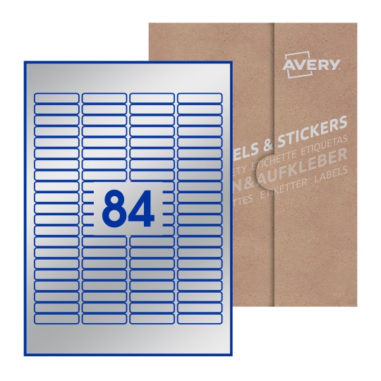 Folha branca com 84 etiquetas adesivas retangulares 46x11 com caixa de embalagem de papel - Etiquetas adesivas retangulares Avery® 46 x 11 mm 