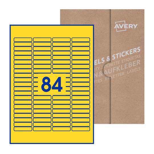 Folha branca com 84 etiquetas adesivas retangulares 46x11 com caixa de embalagem de papel - Etiquetas adesivas retangulares Avery® 46 x 11 mm 