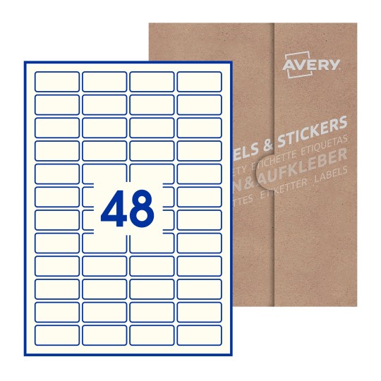 folha branca com 48 etiquetas adesivas retangulares 46x21 com caixa de embalagem de papel - Etiquetas adesivas retangulares Avery® 46 x 21 mm