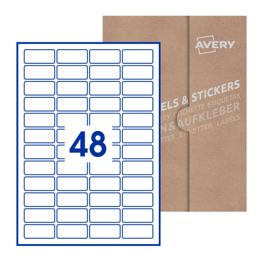 folha branca com 48 etiquetas adesivas retangulares 46x21 com caixa de embalagem de papel - Etiquetas adesivas retangulares Avery® 46 x 21 mm