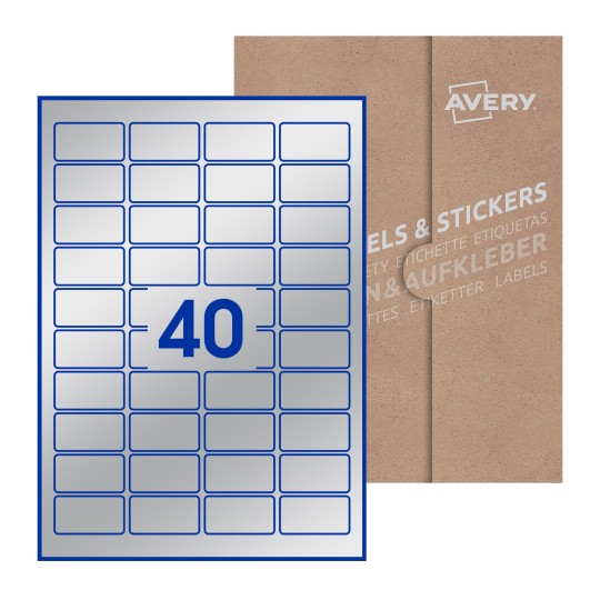 Folha branca com 40 etiquetas adesivas retangulares 46x25 com caixa de embalagem de papel - Etiquetas adesivas retangulares Avery® 46 x 25 mm 