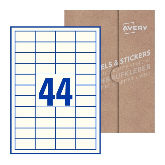 folha branca com 44 etiquetas adesivas retangulares 47x25 com caixa de embalagem de papel - Etiquetas adesivas retangulares Avery® 47 x 25 mm