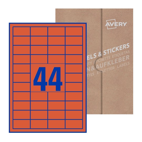 folha branca com 44 etiquetas adesivas retangulares 47x25 com caixa de embalagem de papel - Etiquetas adesivas retangulares Avery® 47 x 25 mm