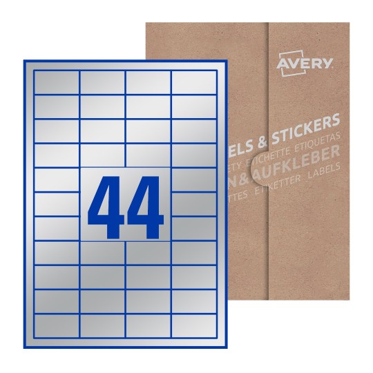 folha branca com 44 etiquetas adesivas retangulares 47x25 com caixa de embalagem de papel - Etiquetas adesivas retangulares Avery® 47 x 25 mm