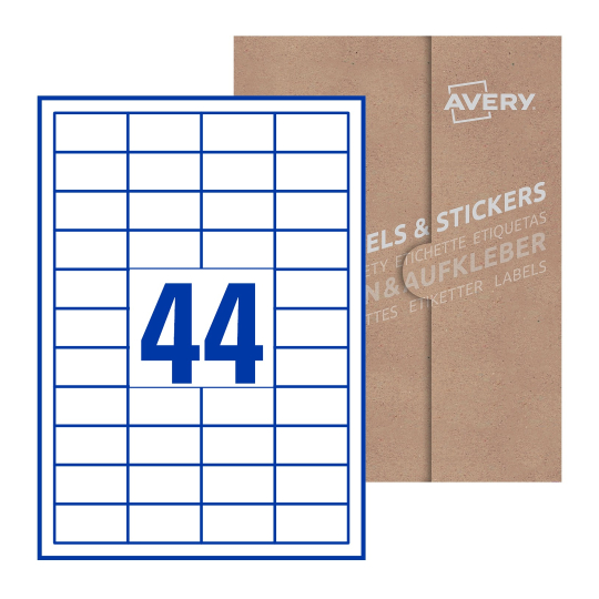 folha branca com 44 etiquetas adesivas retangulares 47x25 com caixa de embalagem de papel - Etiquetas adesivas retangulares Avery® 47 x 25 mm