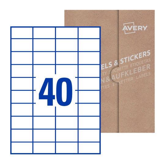 folha branca com 40 etiquetas adesivas retangulares 52x30 com caixa de embalagem de papel - Etiquetas adesivas retangulares Avery® 52 x 30 mm