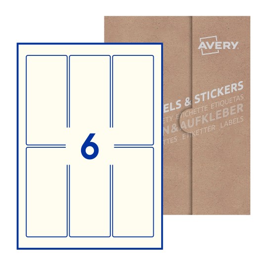 folha branca com 6 etiquetas adesivas retangulares 60x130 com caixa de embalagem de papel - Etiquetas adesivas retangulares Avery® 60 x 130 mm 