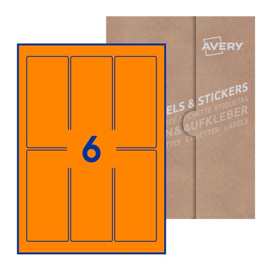 folha branca com 6 etiquetas adesivas retangulares 60x130 com caixa de embalagem de papel - Etiquetas adesivas retangulares Avery® 60 x 130 mm 