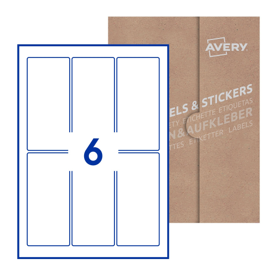 folha branca com 6 etiquetas adesivas retangulares 60x130 com caixa de embalagem de papel - Etiquetas adesivas retangulares Avery® 60 x 130 mm 