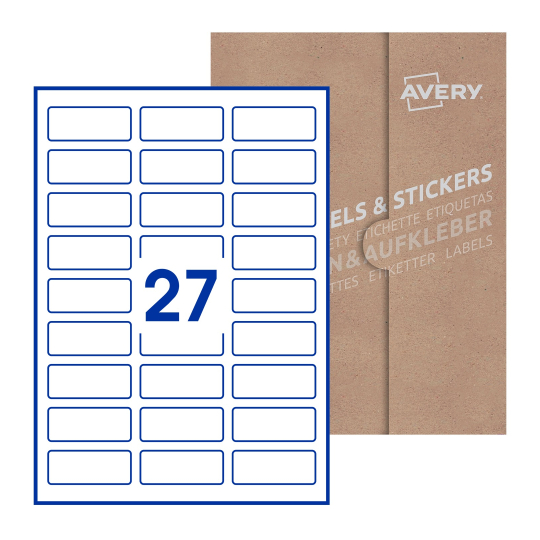 folha branca com 27 etiquetas adesivas retangulares 60x25 com caixa de embalagem de papel - Etiquetas adesivas retangulares Avery® 60 x 25 mm 