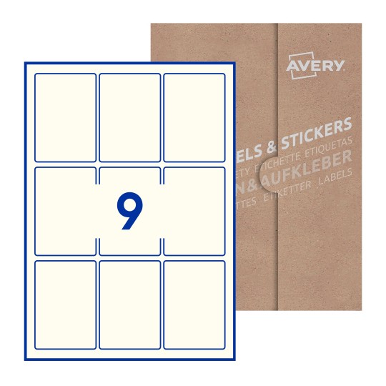 folha branca com 9 etiquetas adesivas retangulares 62x89 com caixa de embalagem de papel - Etiquetas adesivas retangulares Avery® 62 x 89 mm 