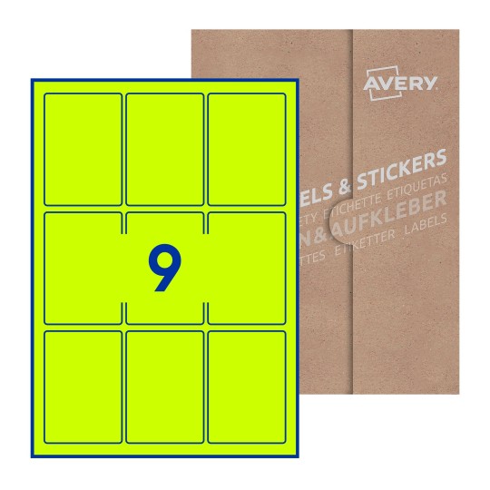 folha branca com 9 etiquetas adesivas retangulares 62x89 com caixa de embalagem de papel - Etiquetas adesivas retangulares Avery® 62 x 89 mm 