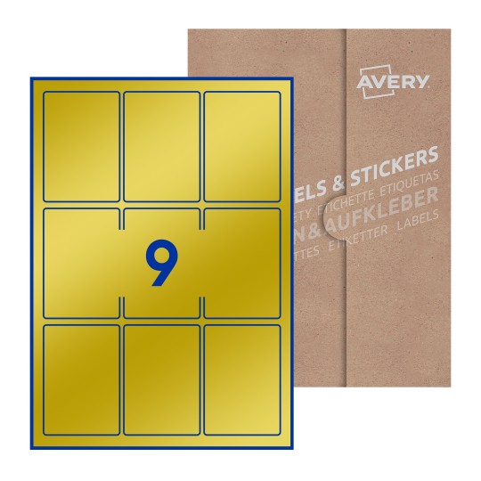 folha branca com 9 etiquetas adesivas retangulares 62x89 com caixa de embalagem de papel - Etiquetas adesivas retangulares Avery® 62 x 89 mm 