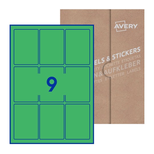 folha branca com 9 etiquetas adesivas retangulares 62x89 com caixa de embalagem de papel - Etiquetas adesivas retangulares Avery® 62 x 89 mm 
