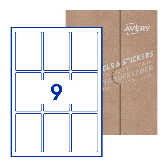 folha branca com 9 etiquetas adesivas retangulares 62x89 com caixa de embalagem de papel - Etiquetas adesivas retangulares Avery® 62 x 89 mm 
