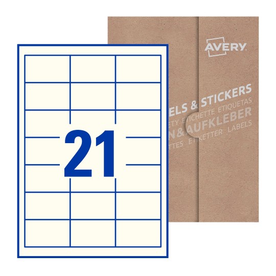 folha branca com 21 etiquetas adesivas retangulares 63x38 com caixa de embalagem de papel - Etiquetas adesivas retangulares Avery® 63 x 38 mm