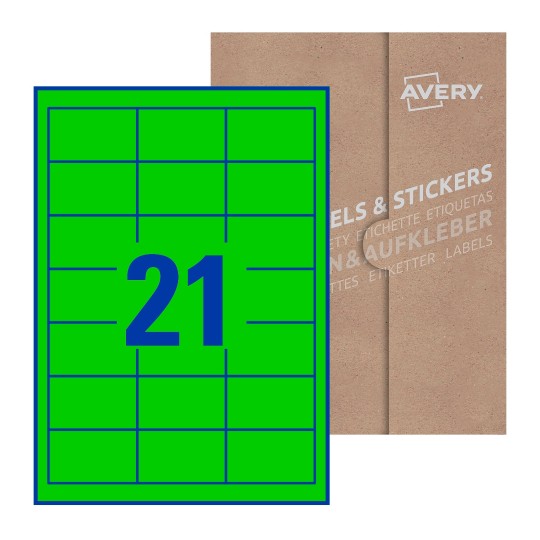 folha branca com 21 etiquetas adesivas retangulares 63x38 com caixa de embalagem de papel - Etiquetas adesivas retangulares Avery® 63 x 38 mm