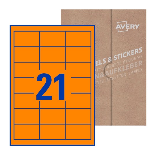 folha branca com 21 etiquetas adesivas retangulares 63x38 com caixa de embalagem de papel - Etiquetas adesivas retangulares Avery® 63 x 38 mm