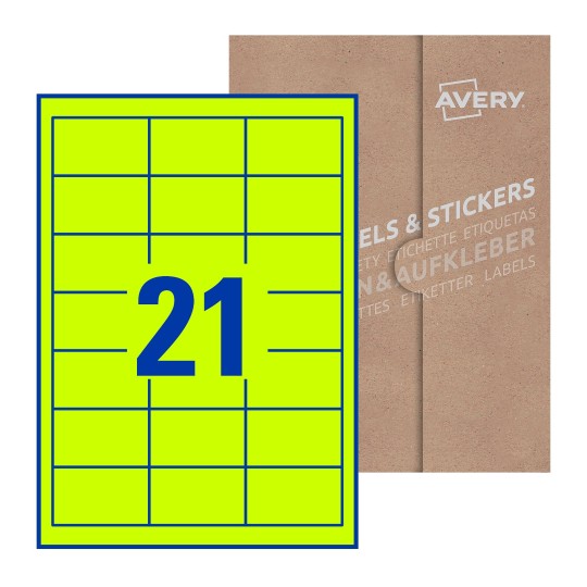 folha branca com 21 etiquetas adesivas retangulares 63x38 com caixa de embalagem de papel - Etiquetas adesivas retangulares Avery® 63 x 38 mm