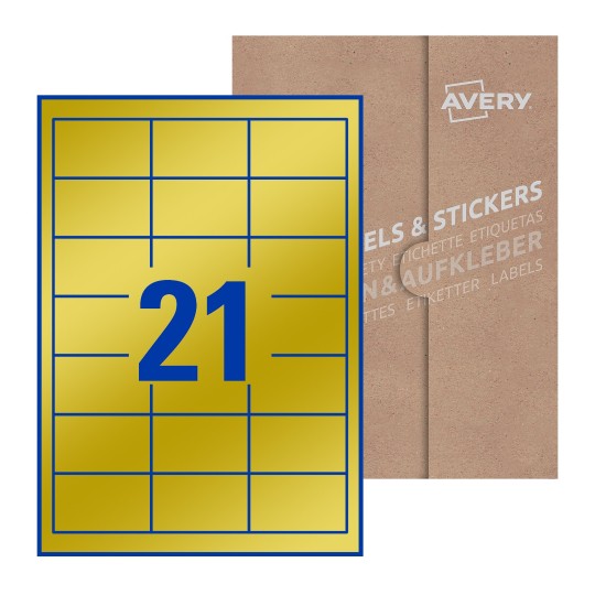folha branca com 21 etiquetas adesivas retangulares 63x38 com caixa de embalagem de papel - Etiquetas adesivas retangulares Avery® 63 x 38 mm