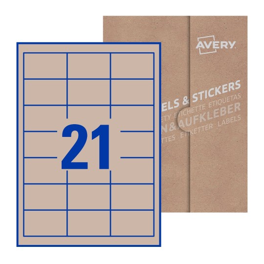 folha branca com 21 etiquetas adesivas retangulares 63x38 com caixa de embalagem de papel - Etiquetas adesivas retangulares Avery® 63 x 38 mm