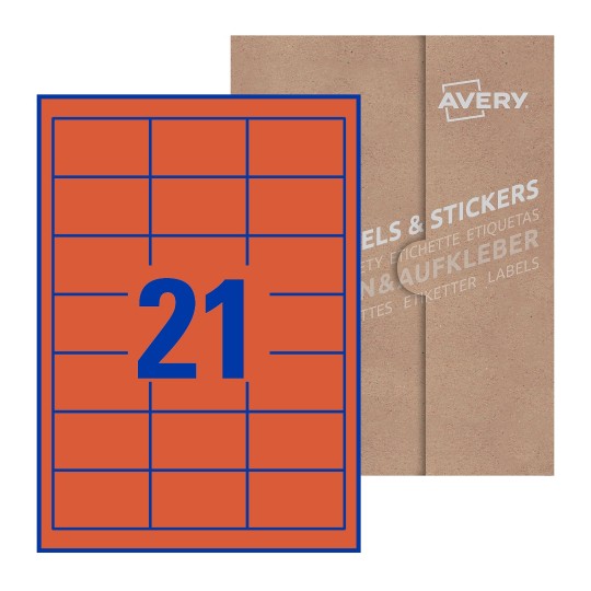 folha branca com 21 etiquetas adesivas retangulares 63x38 com caixa de embalagem de papel - Etiquetas adesivas retangulares Avery® 63 x 38 mm