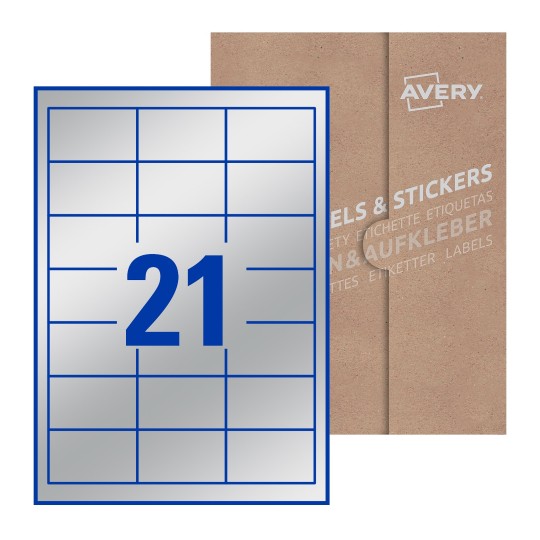 folha branca com 21 etiquetas adesivas retangulares 63x38 com caixa de embalagem de papel - Etiquetas adesivas retangulares Avery® 63 x 38 mm