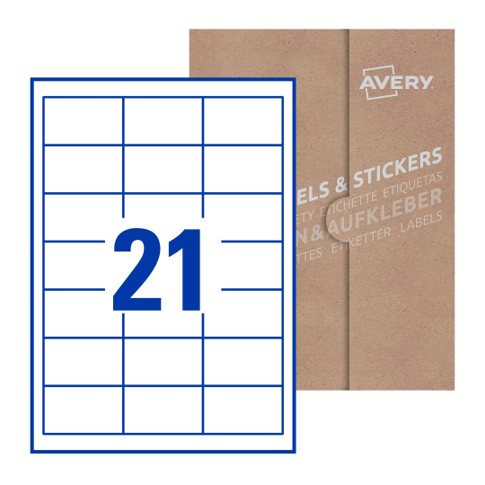 folha branca com 21 etiquetas adesivas retangulares 63x38 com caixa de embalagem de papel - Etiquetas adesivas retangulares Avery® 63 x 38 mm