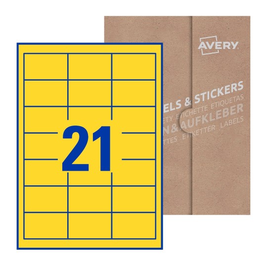 folha branca com 21 etiquetas adesivas retangulares 63x38 com caixa de embalagem de papel - Etiquetas adesivas retangulares Avery® 63 x 38 mm