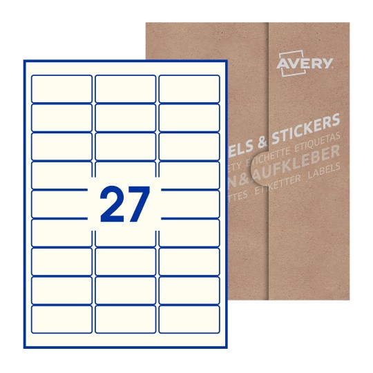 folha branca com 27 etiquetas adesivas retangulares 64x30 com caixa de embalagem de papel - Etiquetas adesivas retangulares Avery® 64 x 30 mm 