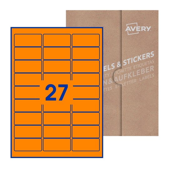 folha branca com 27 etiquetas adesivas retangulares 64x30 com caixa de embalagem de papel - Etiquetas adesivas retangulares Avery® 64 x 30 mm 