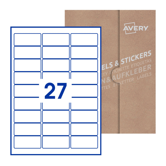 folha branca com 27 etiquetas adesivas retangulares 64x30 com caixa de embalagem de papel - Etiquetas adesivas retangulares Avery® 64 x 30 mm 