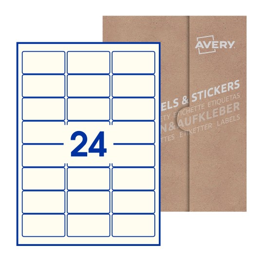 folha branca com 24 etiquetas adesivas retangulares 64x34 com caixa de embalagem de papel - Etiquetas adesivas retangulares Avery® 64 x 34 mm 