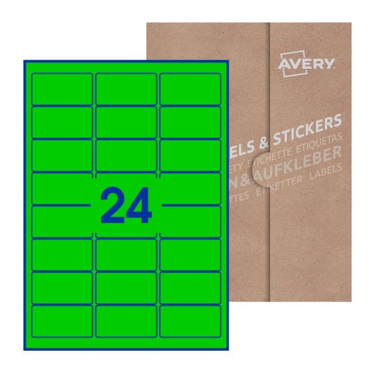 folha branca com 24 etiquetas adesivas retangulares 64x34 com caixa de embalagem de papel - Etiquetas adesivas retangulares Avery® 64 x 34 mm 