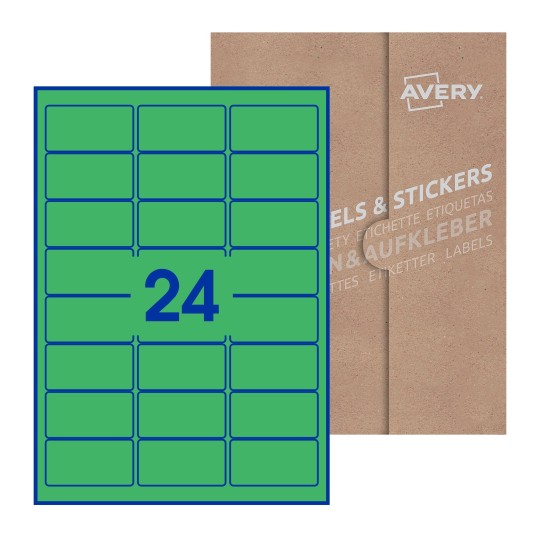 folha branca com 24 etiquetas adesivas retangulares 64x34 com caixa de embalagem de papel - Etiquetas adesivas retangulares Avery® 64 x 34 mm 