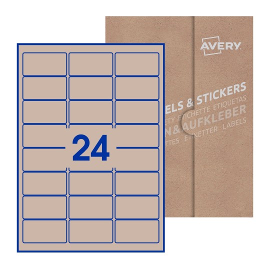 folha branca com 24 etiquetas adesivas retangulares 64x34 com caixa de embalagem de papel - Etiquetas adesivas retangulares Avery® 64 x 34 mm 