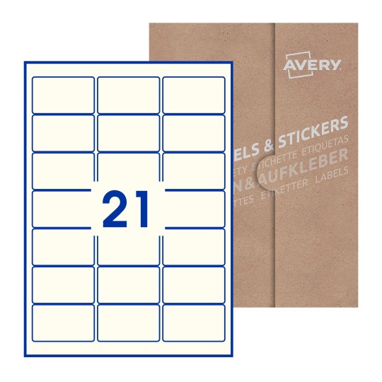 folha branca com 21 etiquetas adesivas retangulares 64x38 com caixa de embalagem de papel - Etiquetas adesivas retangulares Avery® 64 x 38 mm 