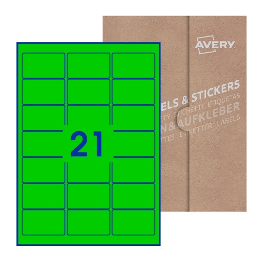 folha branca com 21 etiquetas adesivas retangulares 64x38 com caixa de embalagem de papel - Etiquetas adesivas retangulares Avery® 64 x 38 mm 