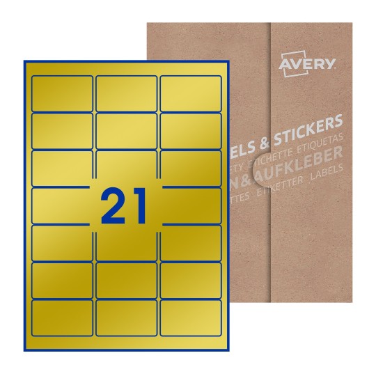 folha branca com 21 etiquetas adesivas retangulares 64x38 com caixa de embalagem de papel - Etiquetas adesivas retangulares Avery® 64 x 38 mm 