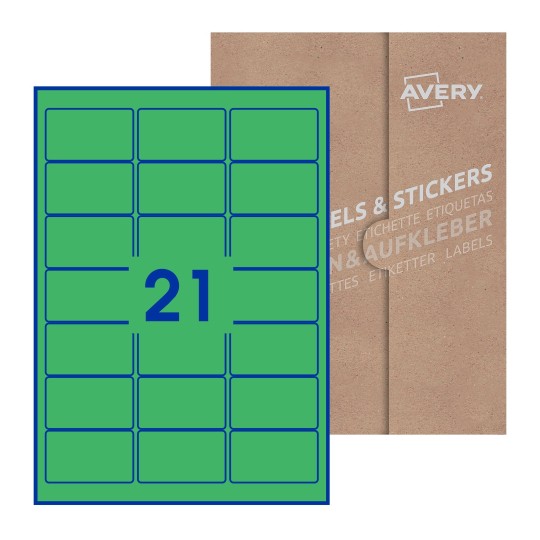 folha branca com 21 etiquetas adesivas retangulares 64x38 com caixa de embalagem de papel - Etiquetas adesivas retangulares Avery® 64 x 38 mm 