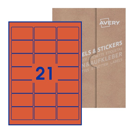 folha branca com 21 etiquetas adesivas retangulares 64x38 com caixa de embalagem de papel - Etiquetas adesivas retangulares Avery® 64 x 38 mm 