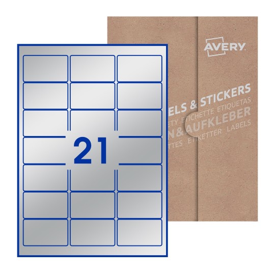 folha branca com 21 etiquetas adesivas retangulares 64x38 com caixa de embalagem de papel - Etiquetas adesivas retangulares Avery® 64 x 38 mm 