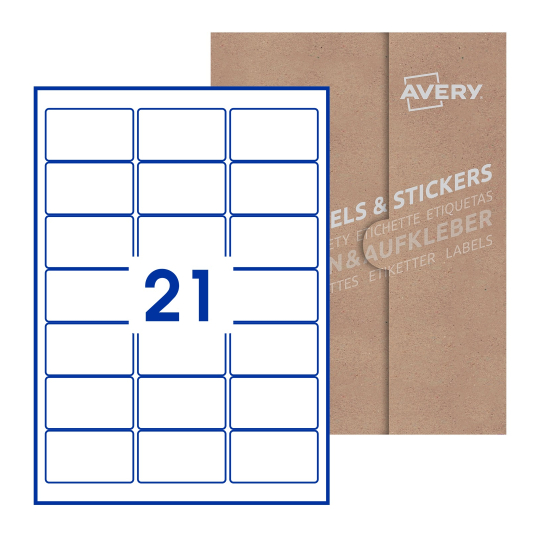 folha branca com 21 etiquetas adesivas retangulares 64x38 com caixa de embalagem de papel - Etiquetas adesivas retangulares Avery® 64 x 38 mm 