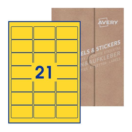 folha branca com 21 etiquetas adesivas retangulares 64x38 com caixa de embalagem de papel - Etiquetas adesivas retangulares Avery® 64 x 38 mm 