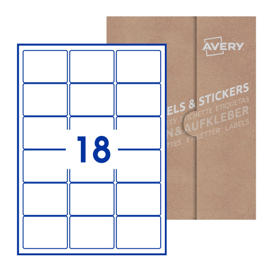folha branca com 15 etiquetas adesivas retangulares 64x47 com caixa de embalagem de papel - Etiquetas adesivas retangulares Avery® 64 x 47 mm 