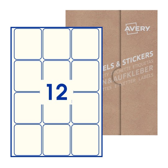 folha branca com 12 etiquetas adesivas retangulares 64x72 com caixa de embalagem de papel - Etiquetas adesivas retangulares Avery® 64 x 72 mm 