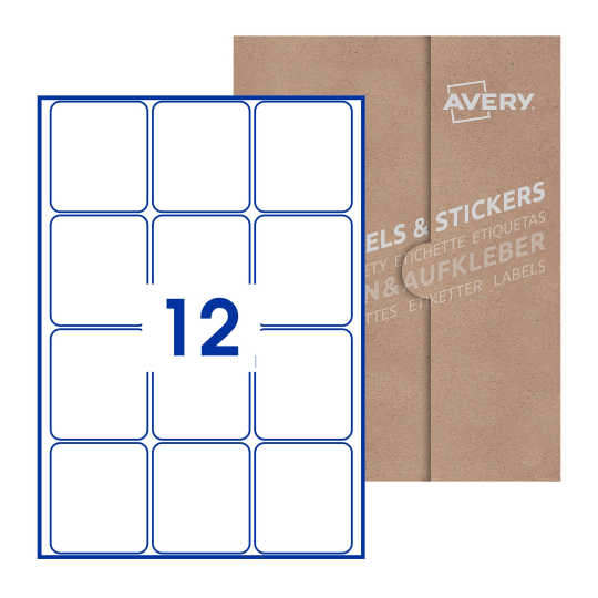 folha branca com 12 etiquetas adesivas retangulares 64x72 com caixa de embalagem de papel - Etiquetas adesivas retangulares Avery® 64 x 72 mm 