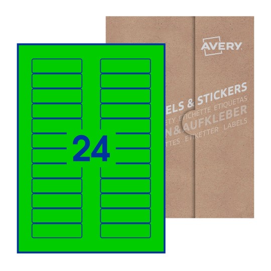 folha branca com 24 etiquetas adesivas retangulares 72x21 com caixa de embalagem de papel - Etiquetas adesivas retangulares Avery® 72 x 21 mm