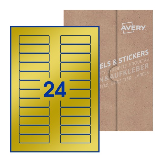folha branca com 24 etiquetas adesivas retangulares 72x21 com caixa de embalagem de papel - Etiquetas adesivas retangulares Avery® 72 x 21 mm
