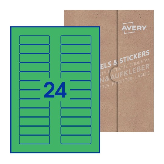 folha branca com 24 etiquetas adesivas retangulares 72x21 com caixa de embalagem de papel - Etiquetas adesivas retangulares Avery® 72 x 21 mm
